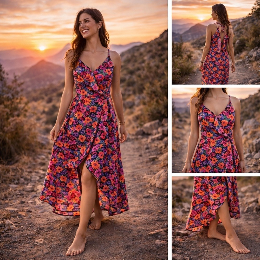 Molly Bracken Floral Ruffle Maxi Dress XL Pink‎ Orange High Low Wrap V-Neck